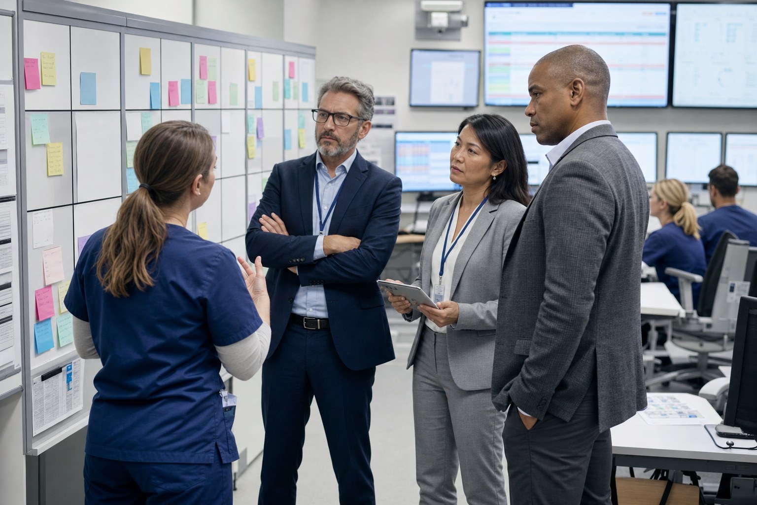Healthcare leaders discussing frontline feedback in an EHR go-live command center