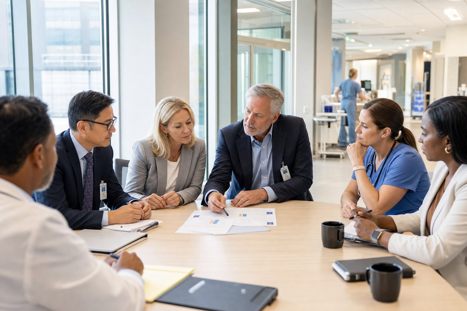 Healthcare leaders reviewing an EHR transition communication plan together