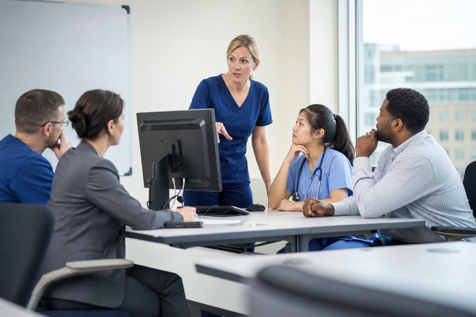 Healthcare team rehearsing an EHR workflow during a transition training session