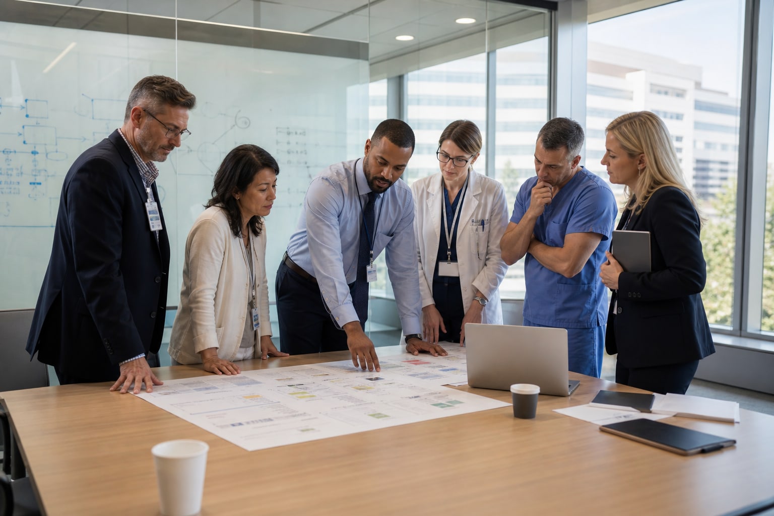 Healthcare leaders and clinical informatics professionals reviewing an EHR implementation workflow