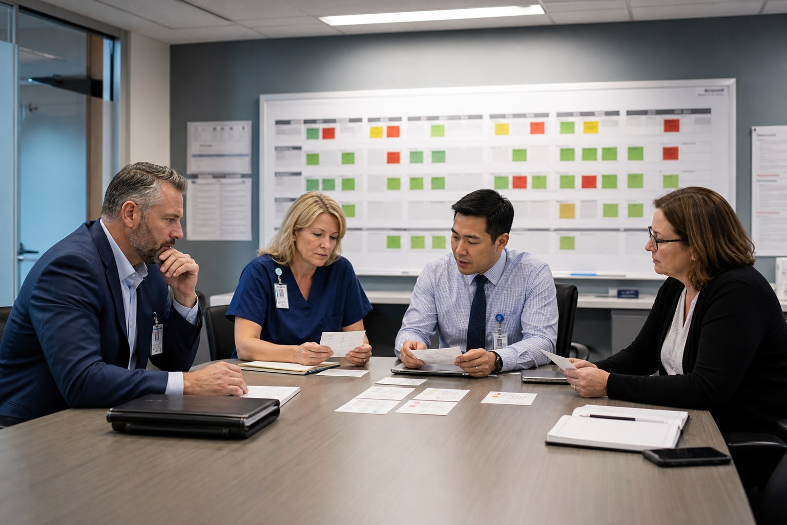 Healthcare leaders reviewing EHR readiness decisions and issue priorities in a command meeting