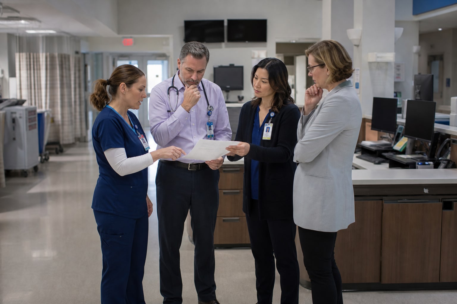 Clinical and operational leaders rehearsing an EHR workflow at a hospital nurse station