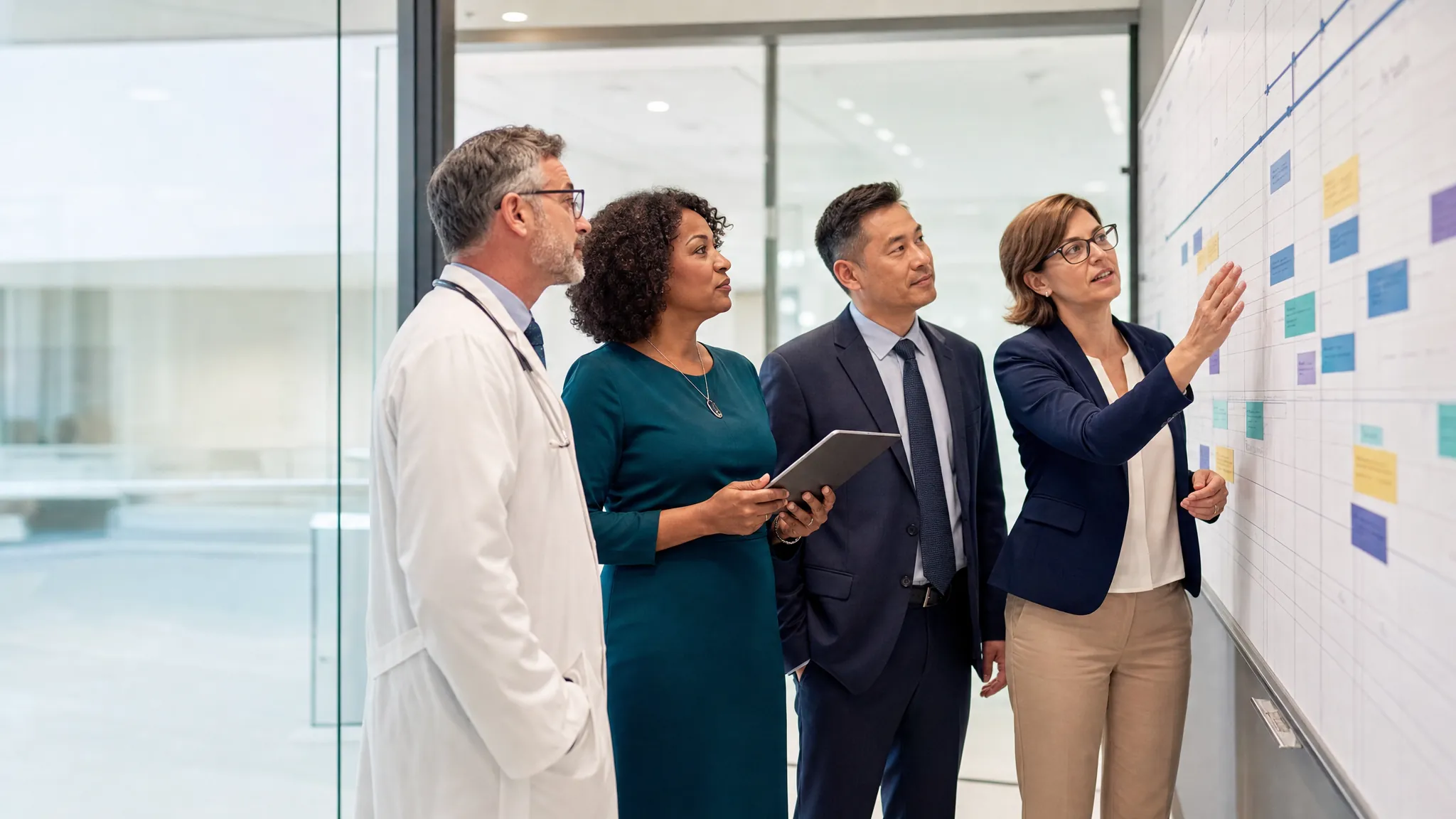 Healthcare leaders reviewing a large EHR implementation timeline together