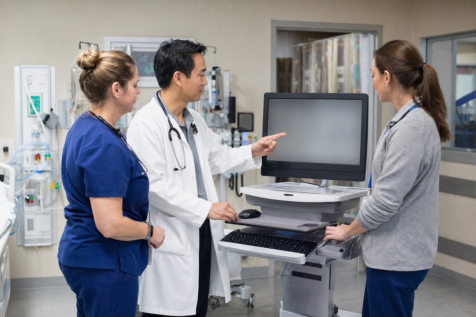 Clinical staff rehearsing a high-risk EHR workflow with a trainer before go-live