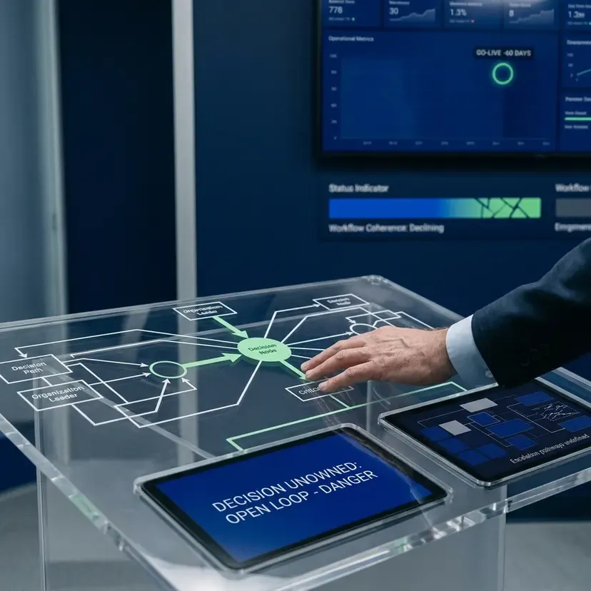 Healthcare leader reviewing decision pathways and go-live readiness signals on a command-center table