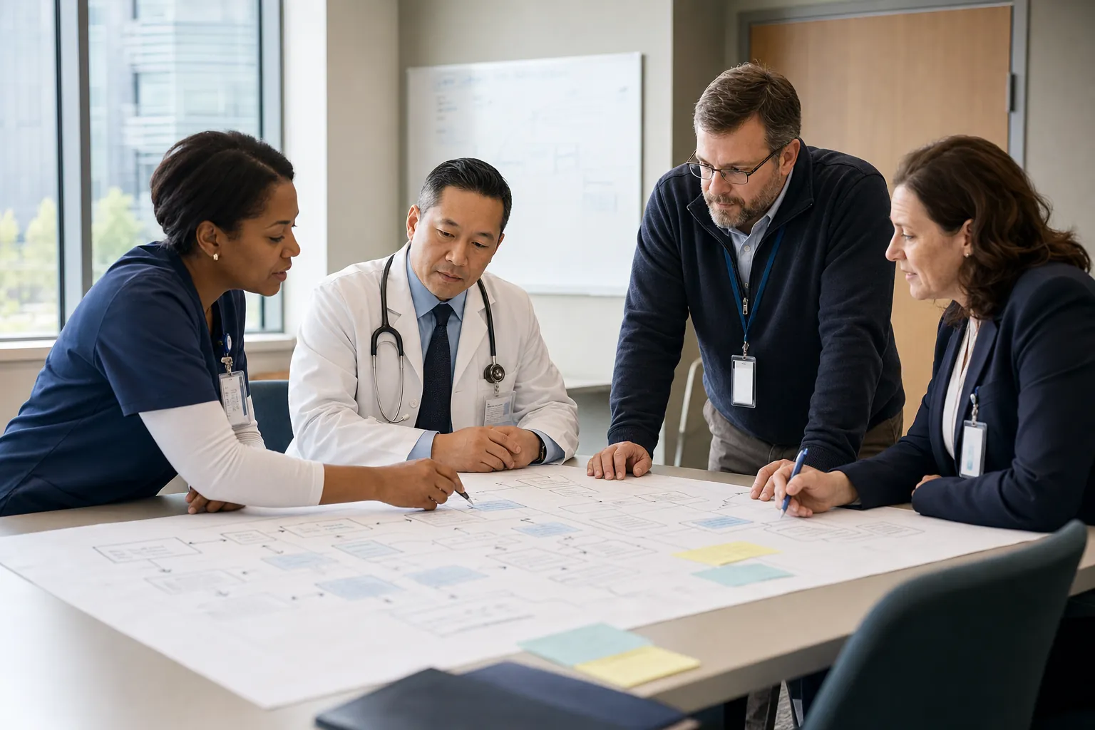 Healthcare leaders reviewing an EHR implementation workflow plan together