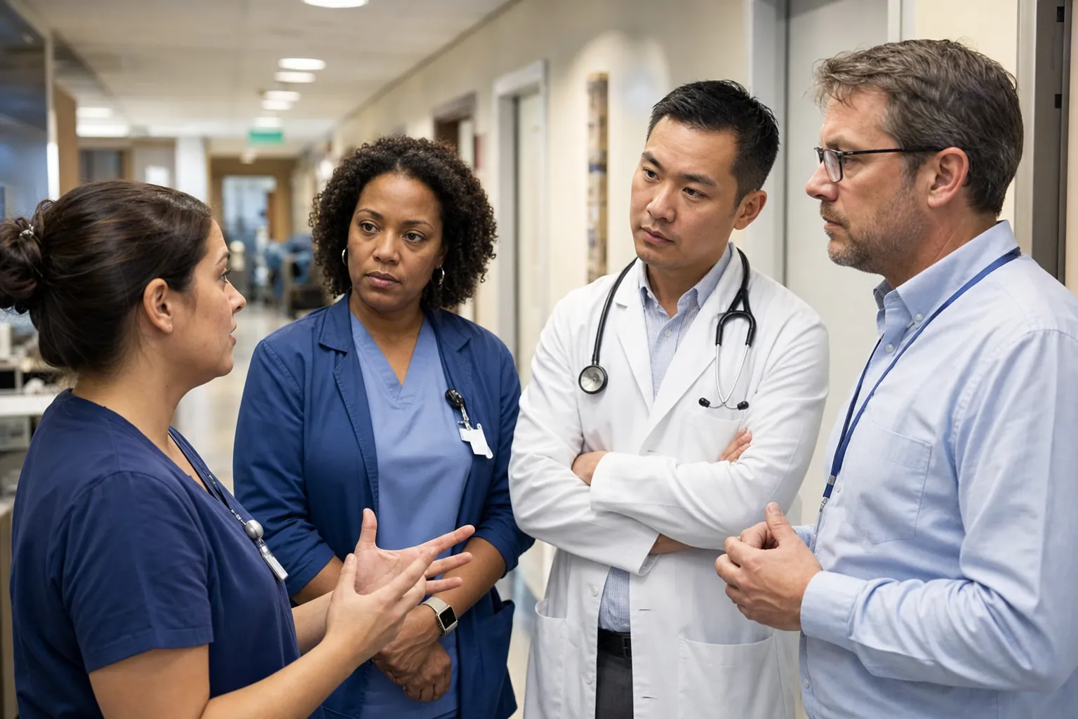 Healthcare leaders listening to a frontline concern during an EHR go-live huddle