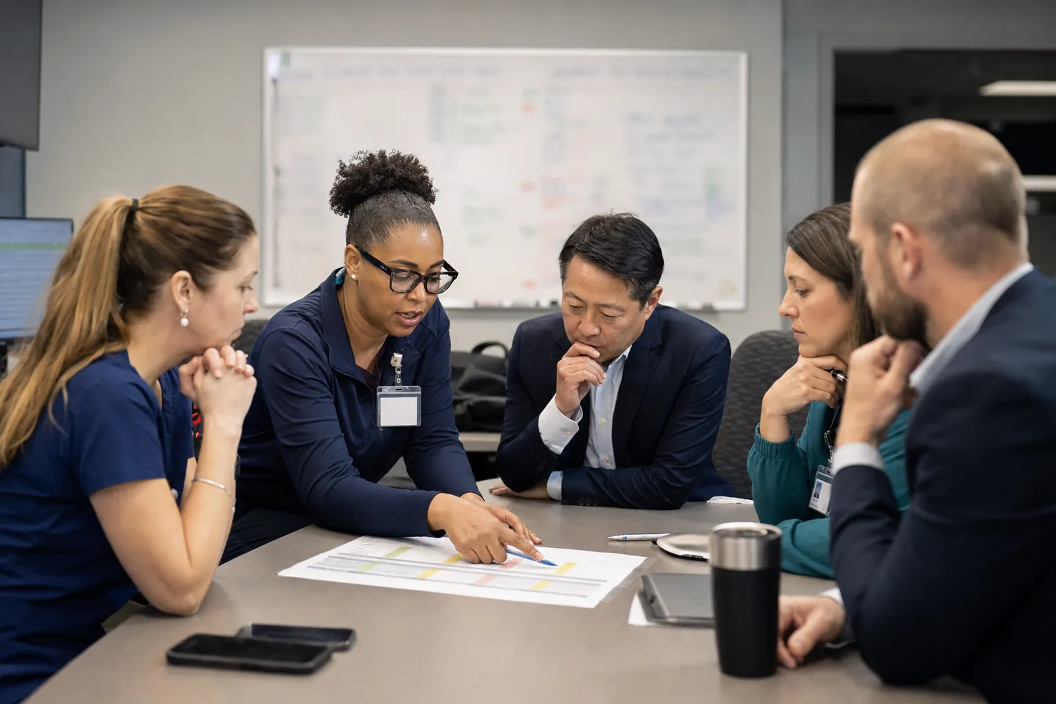 Healthcare leaders reviewing escalation priorities during an EHR go-live command-center huddle
