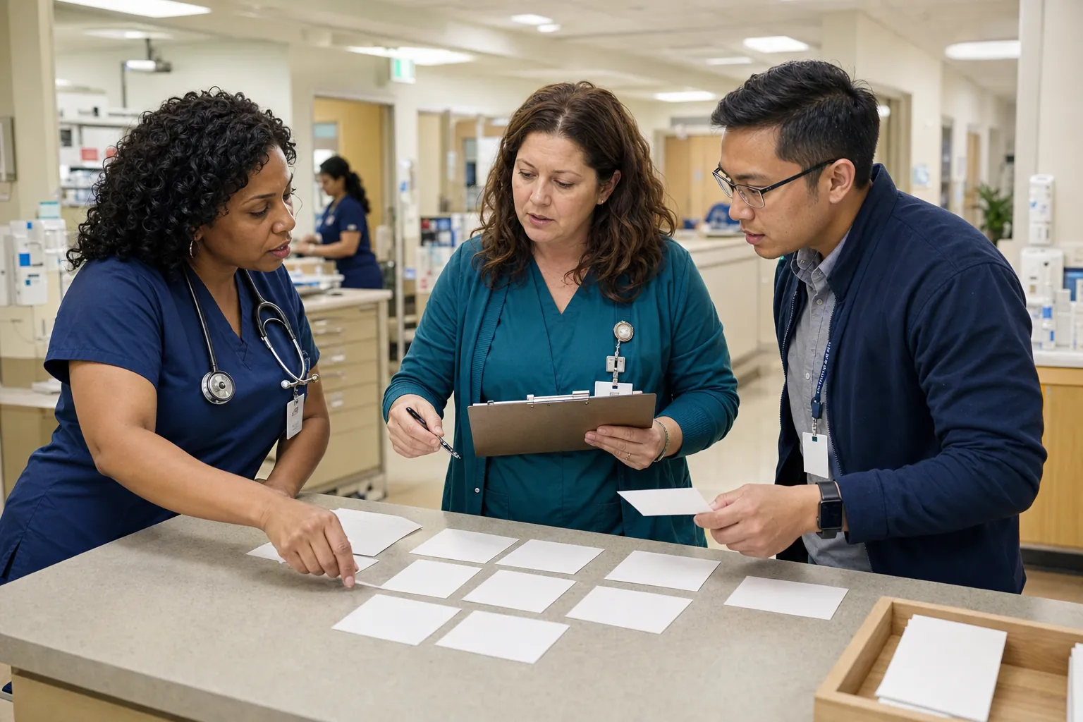 Clinician, nurse manager, and health IT analyst reviewing a hospital workflow with process cards
