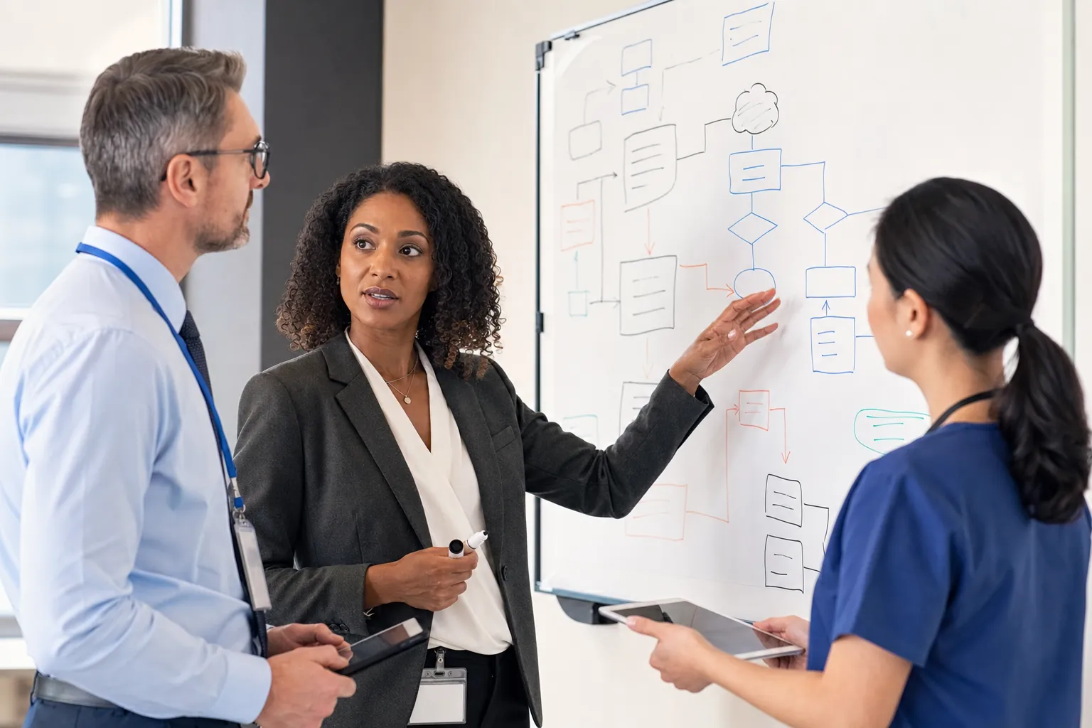 Healthcare leaders defining EHR implementation role boundaries and workflow routes at a whiteboard