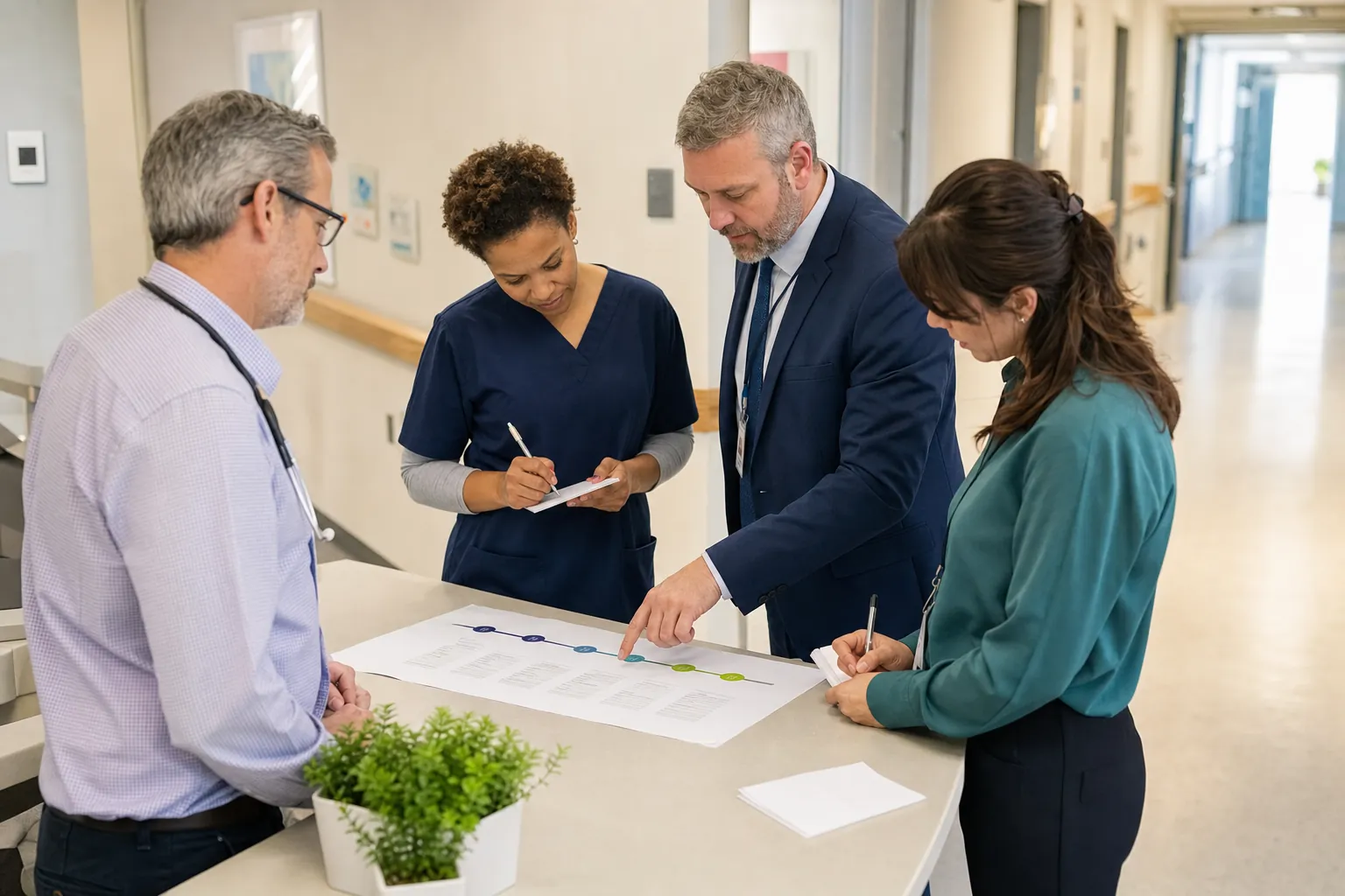 Healthcare operations team reviewing a post-go-live recovery timeline together