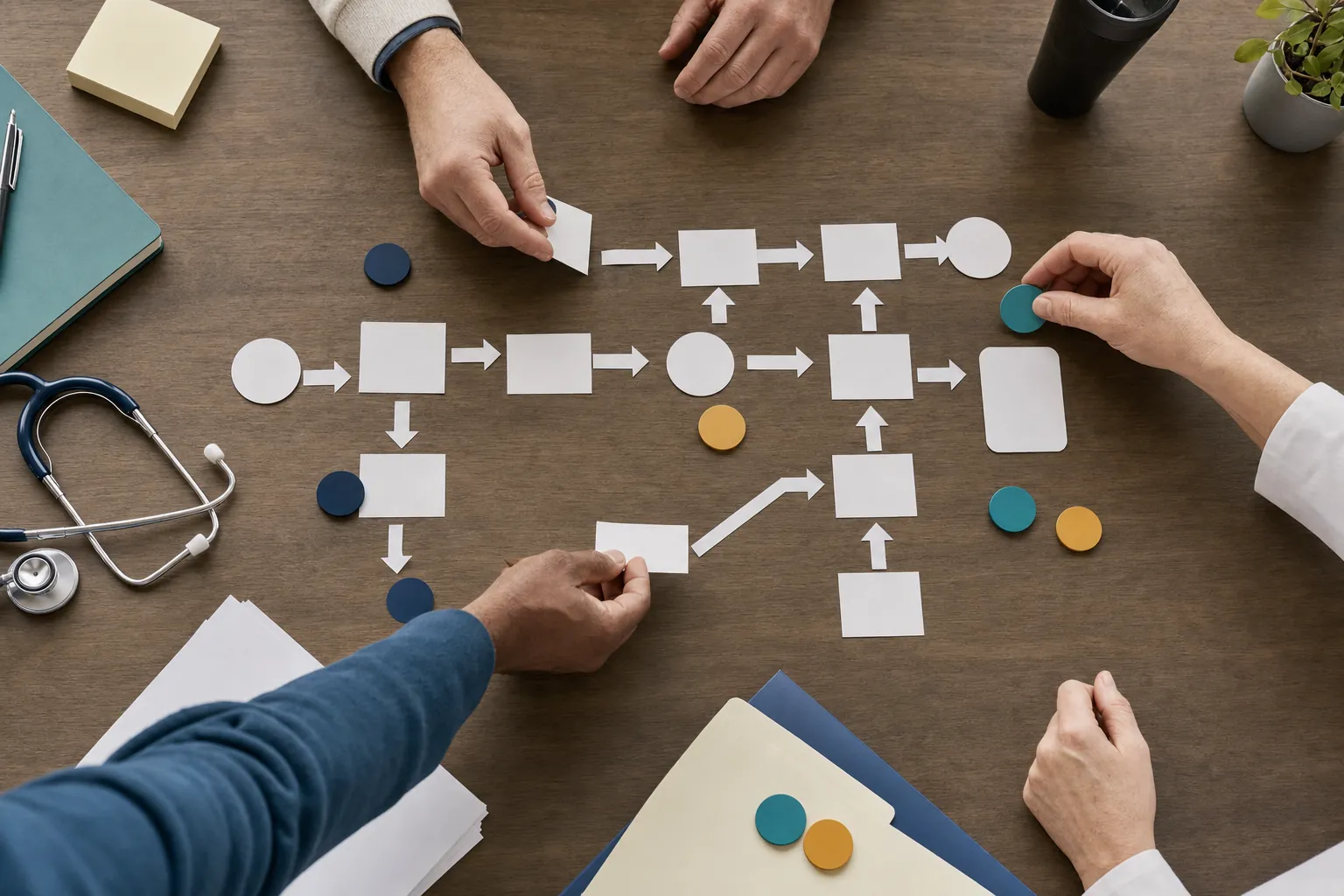 Healthcare team mapping clinical workflow handoffs with cards and notes