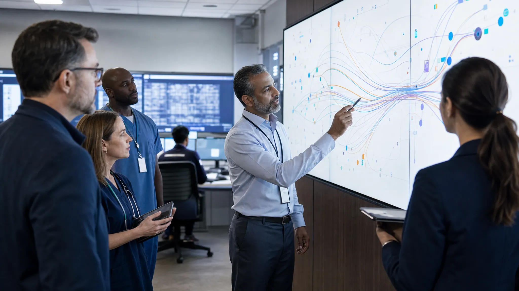 Healthcare operations leaders reviewing data exchange patterns in a hospital command center