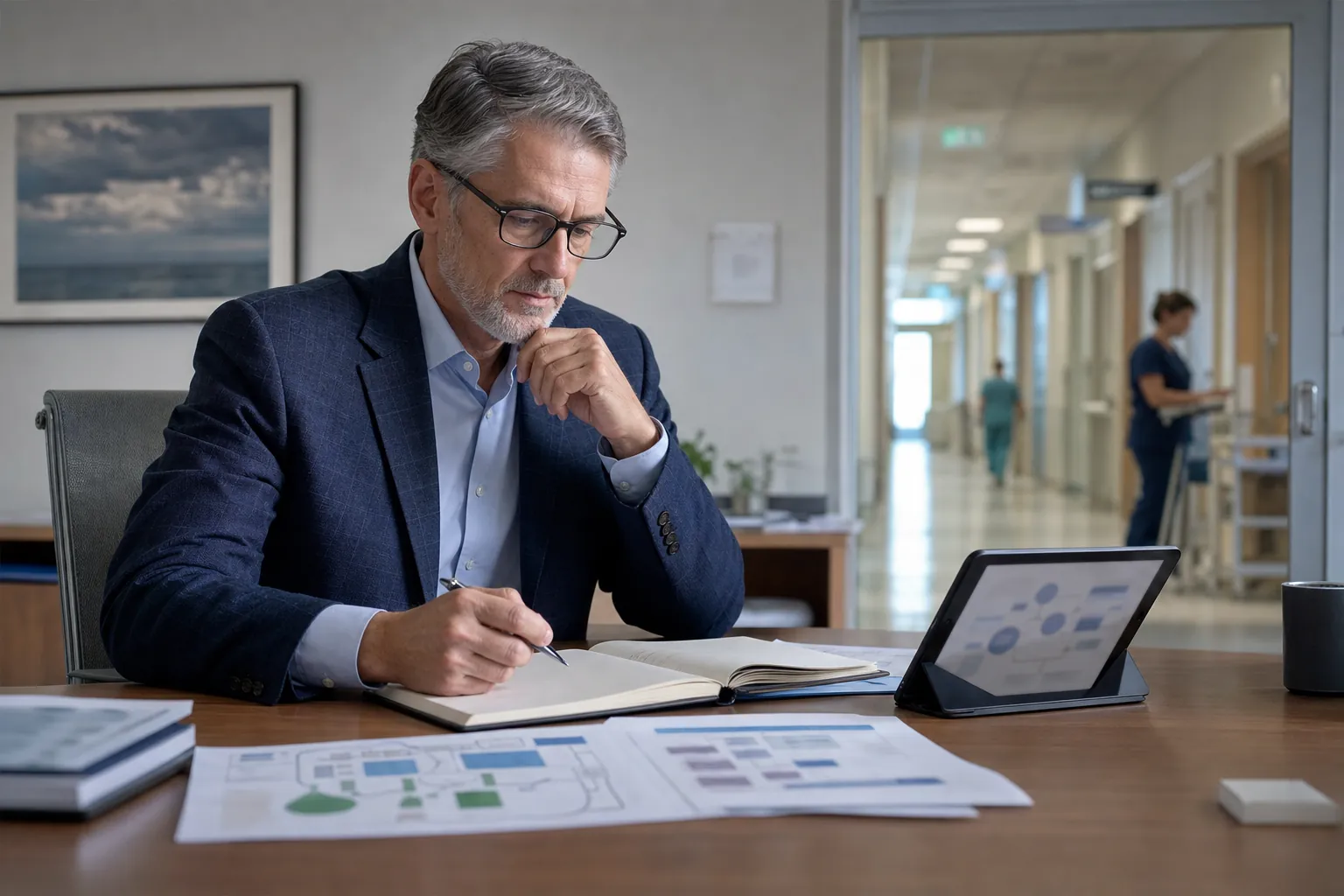 Healthcare leaders reviewing transformation resources together