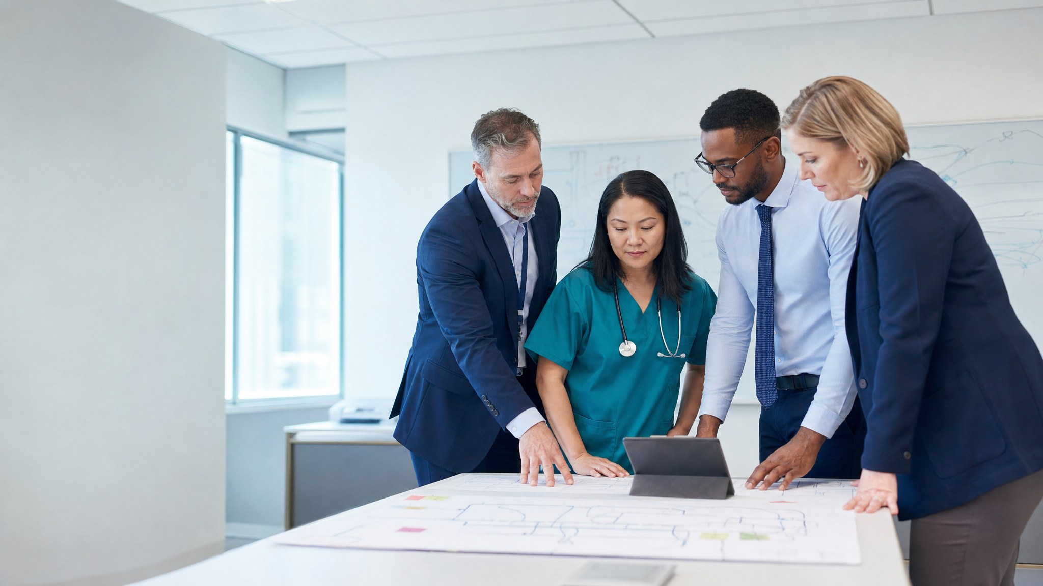 Healthcare leaders and clinicians reviewing an AI-enabled workflow change together