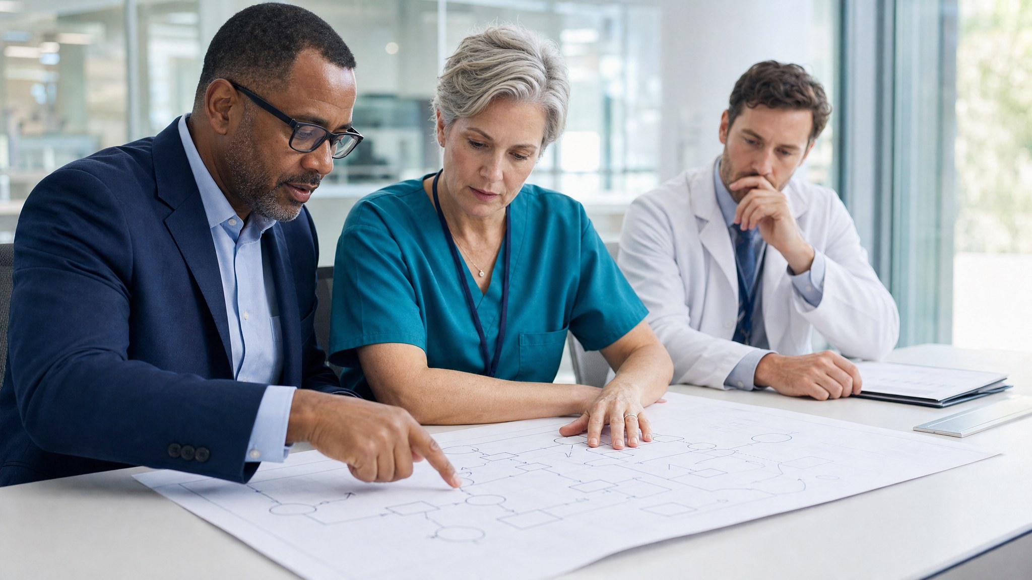 Healthcare clinical and operations leaders reviewing a workflow map together