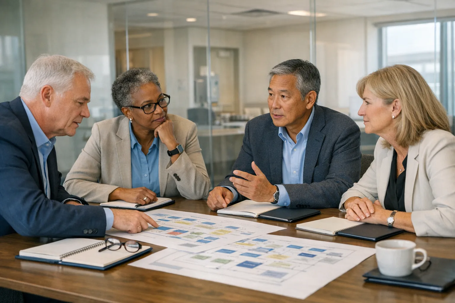 Senior healthcare leaders working through a cross-functional operating decision