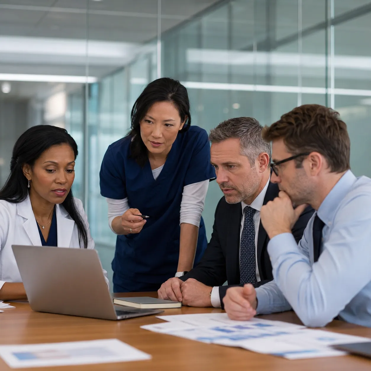Healthcare leaders reviewing patient-care and operational priorities together