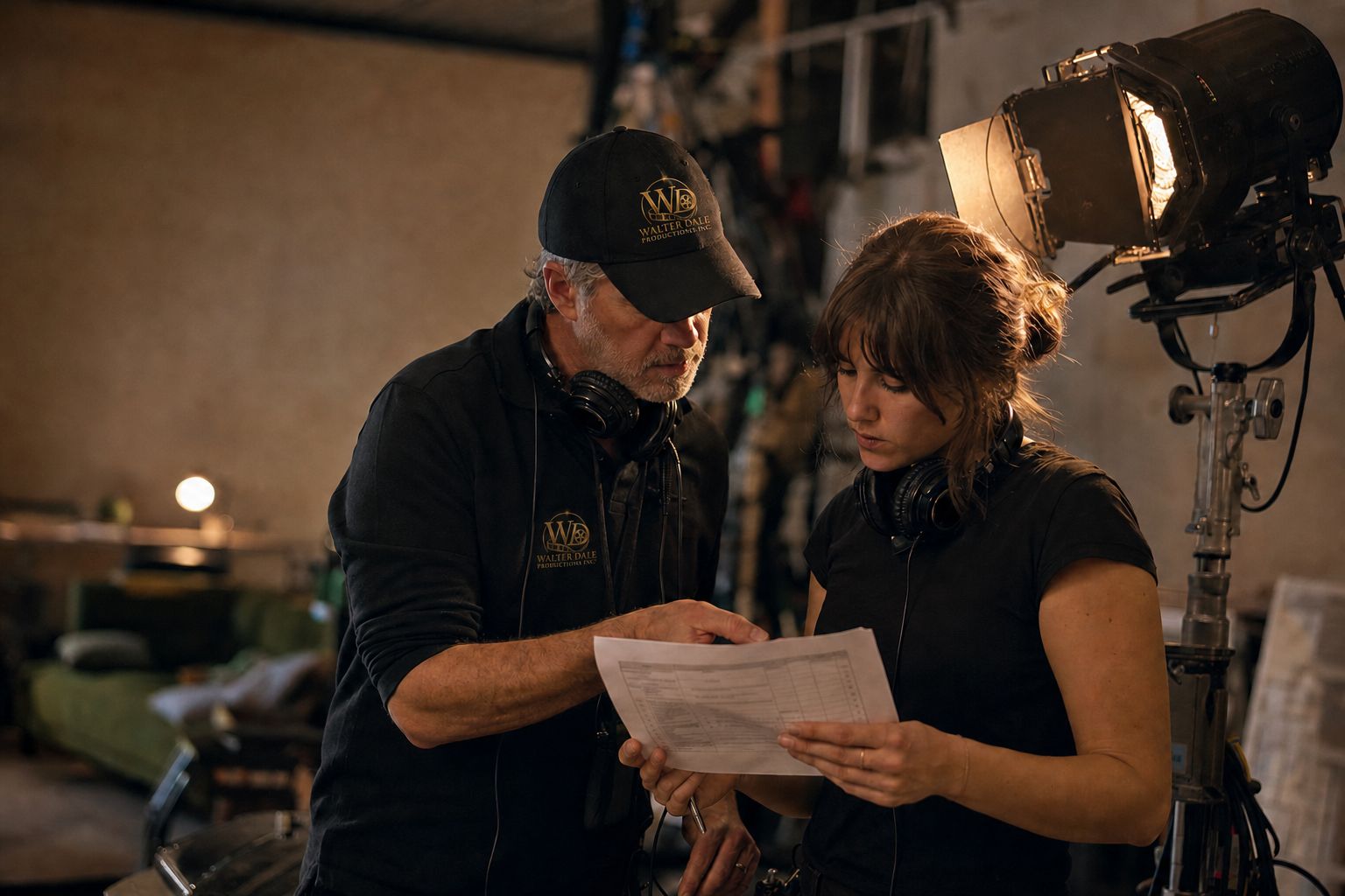 Creative collaborators reviewing production work in a studio