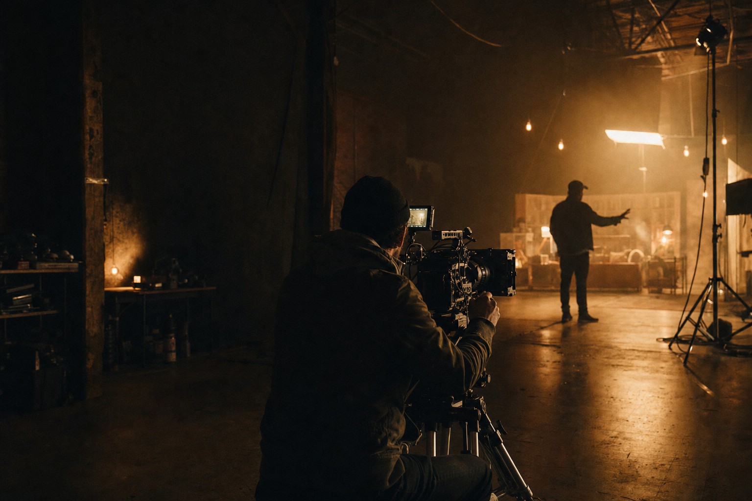 Camera operator filming on a warmly lit production set