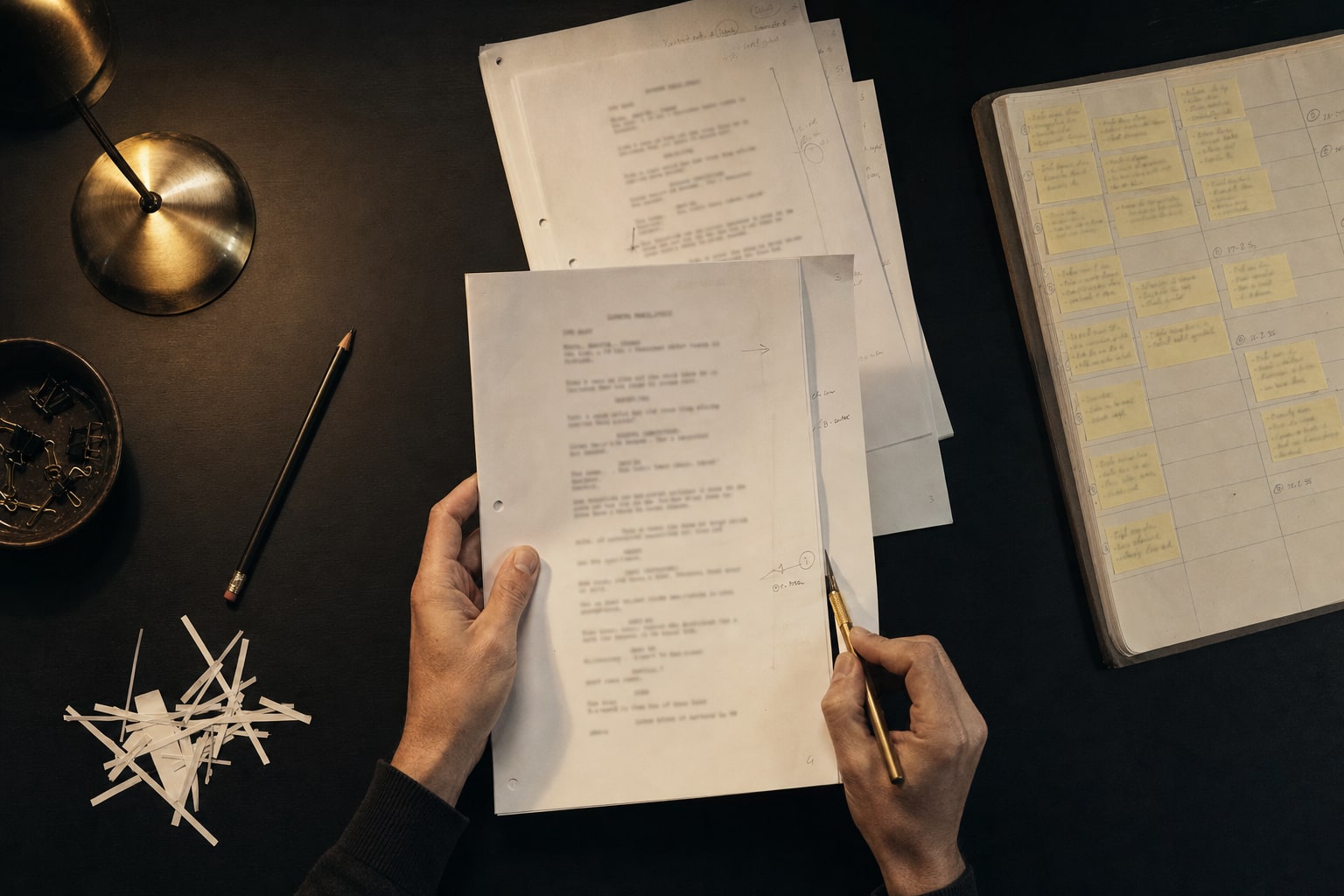 Writer cutting a screenplay beside a timing board