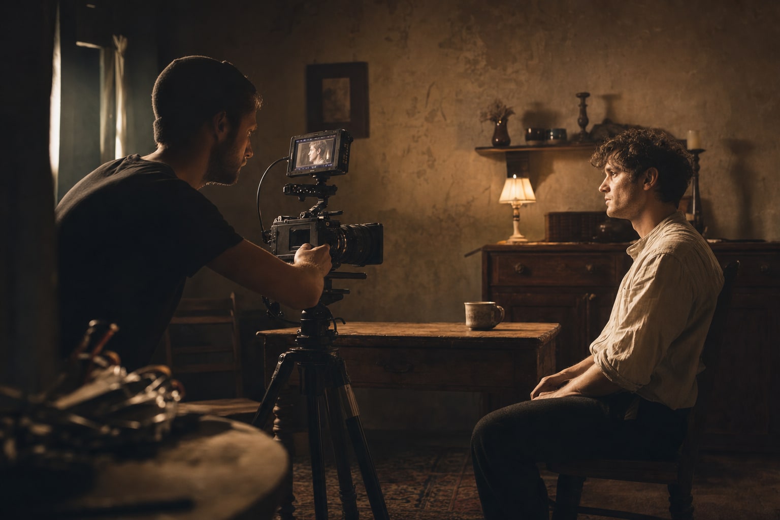 Small film crew preparing a compact scene in a warm interior
