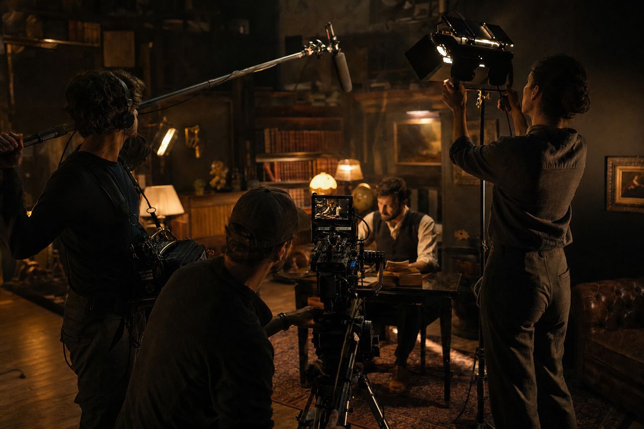 Film crew coordinating camera, sound and lighting on a set