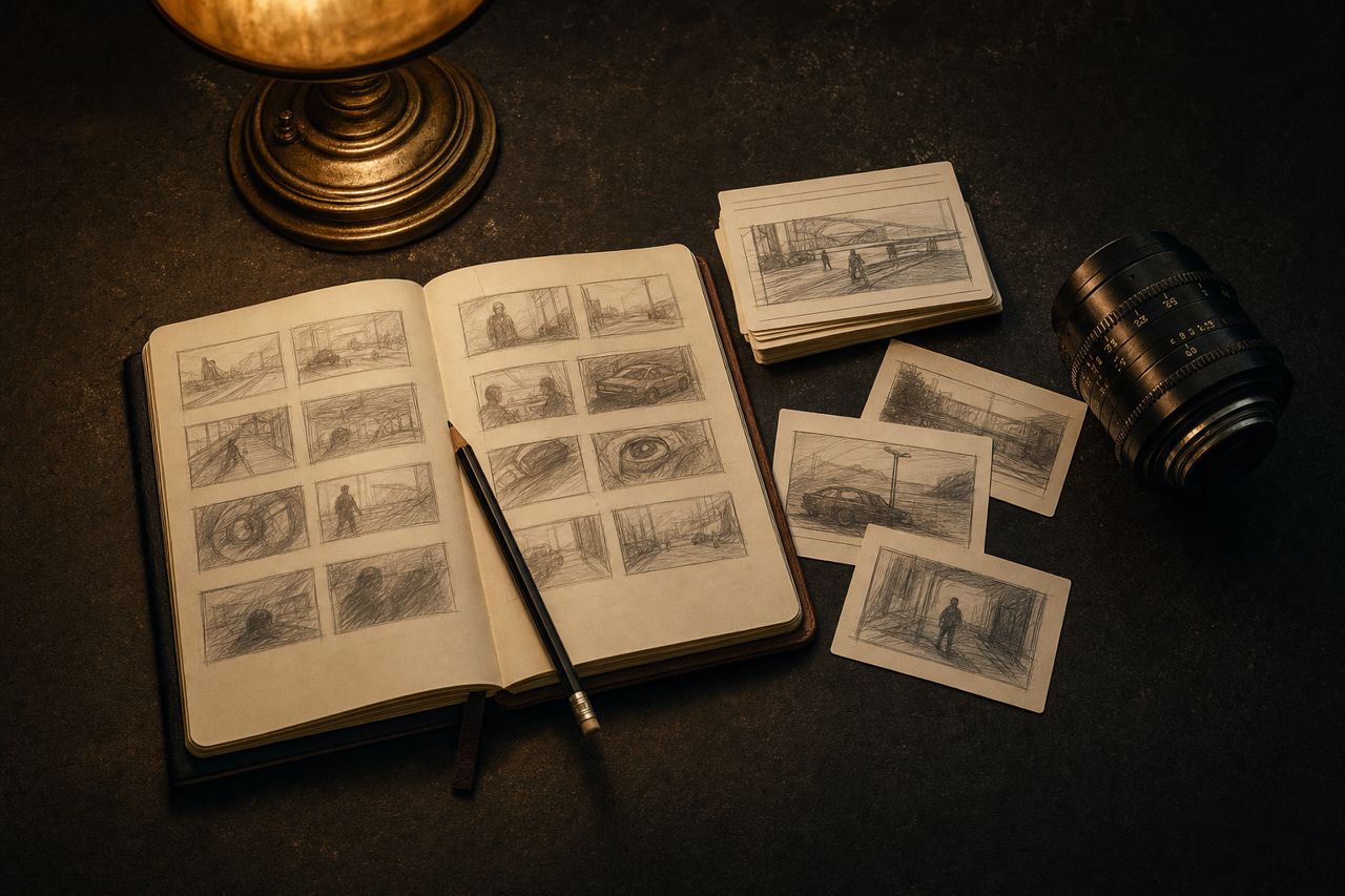 Storyboard sketches, shot cards and a camera lens arranged for project planning