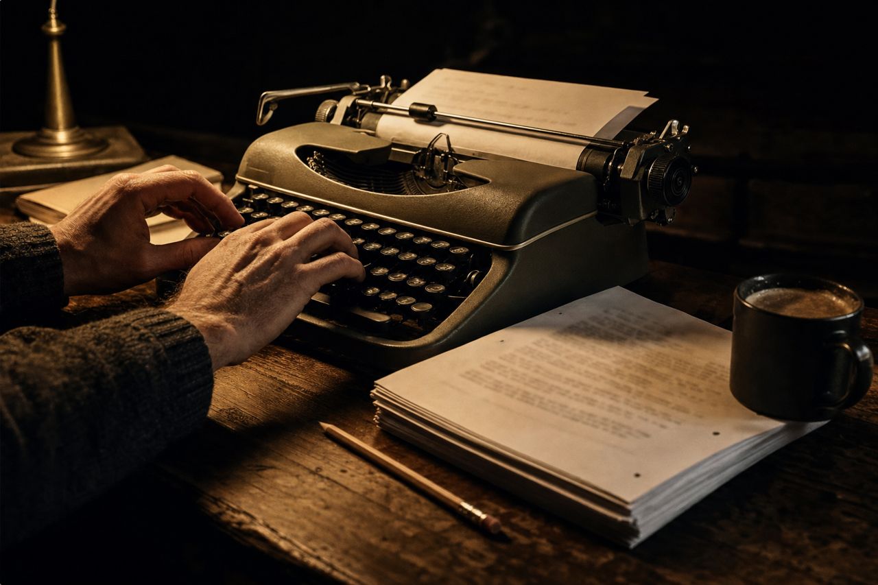 Writer developing a screenplay at a typewriter beside script pages
