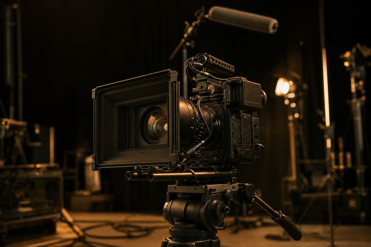 Cinema camera and lighting on a dark production set