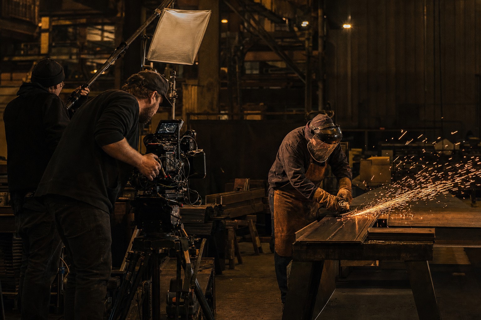 Production crew filming in a working metal shop