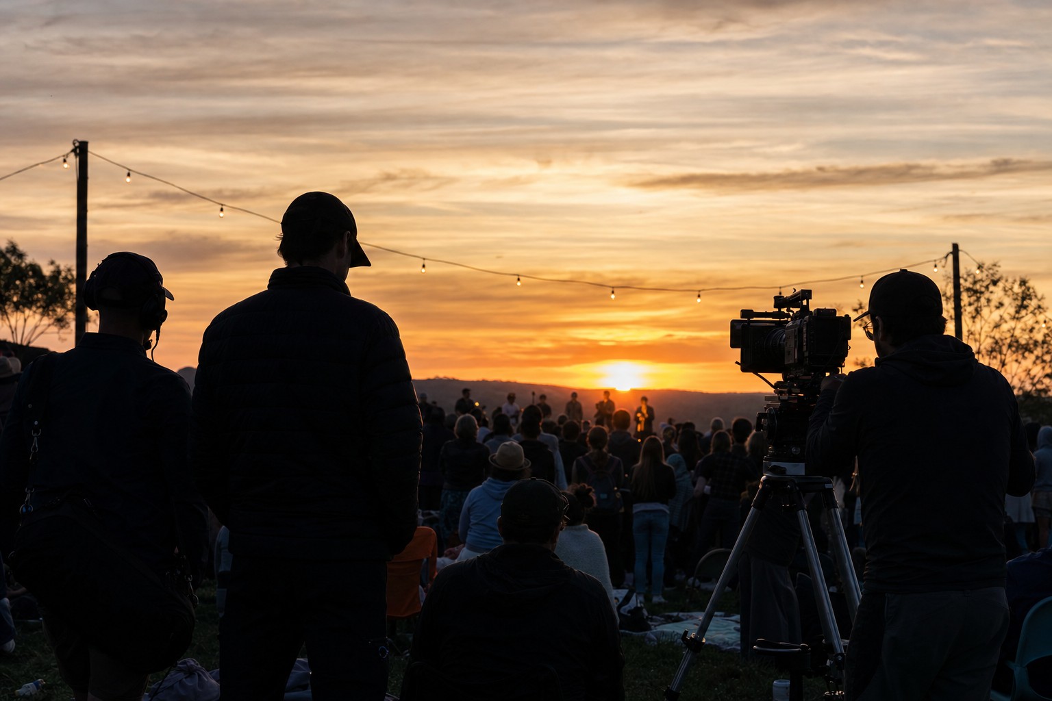 Camera crew recording an outdoor event at sunset
