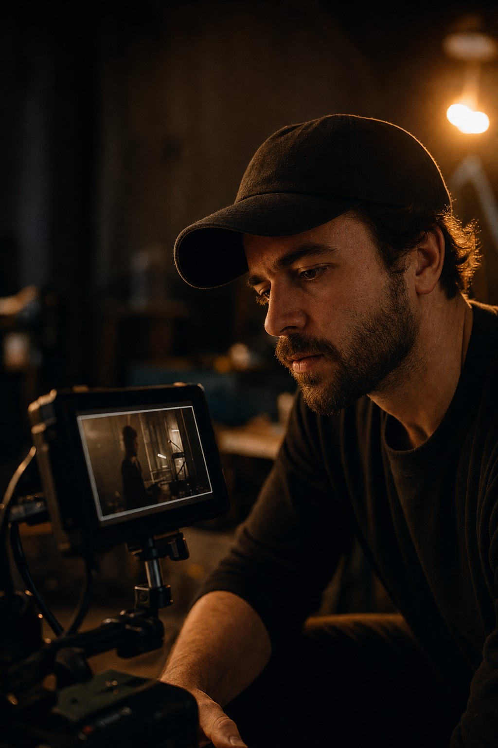 Filmmaker reviewing a scene beside a cinema camera monitor