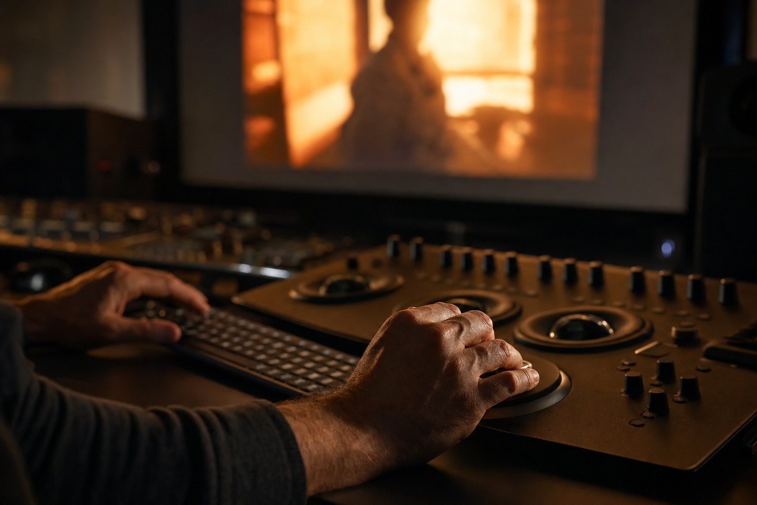 Video editing suite with footage displayed on a monitor