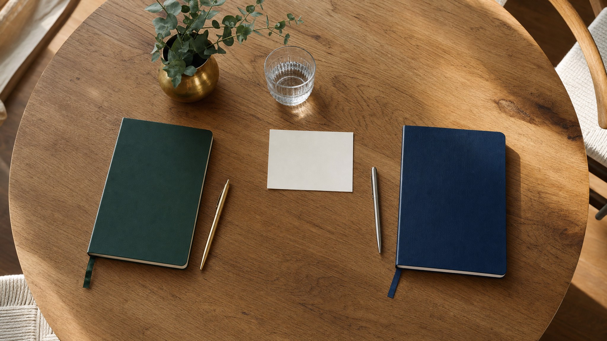 Two notebooks and a blank note card arranged for a manager check-in