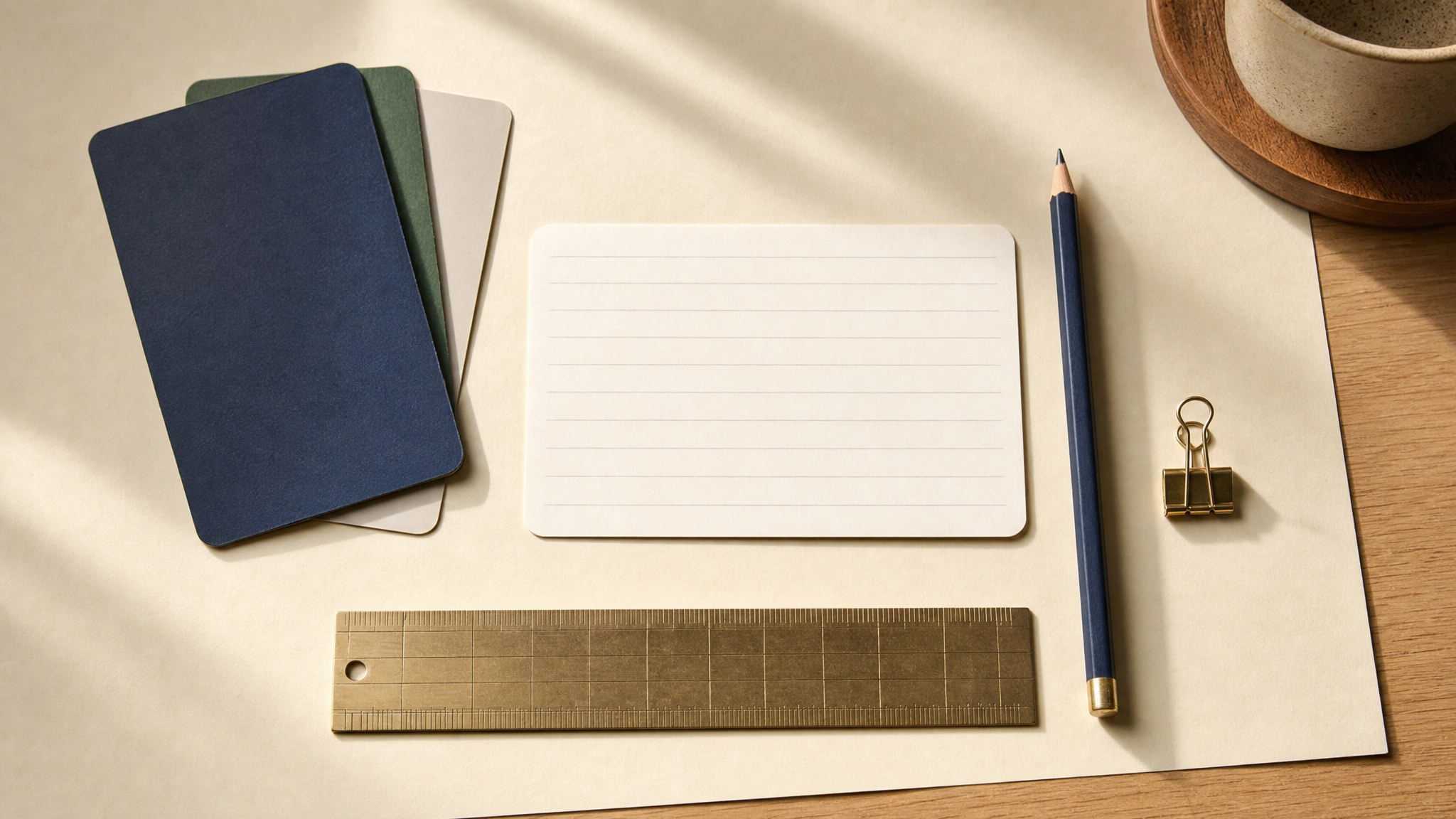 Blank decision card, pencil, ruler, and folders on a desk