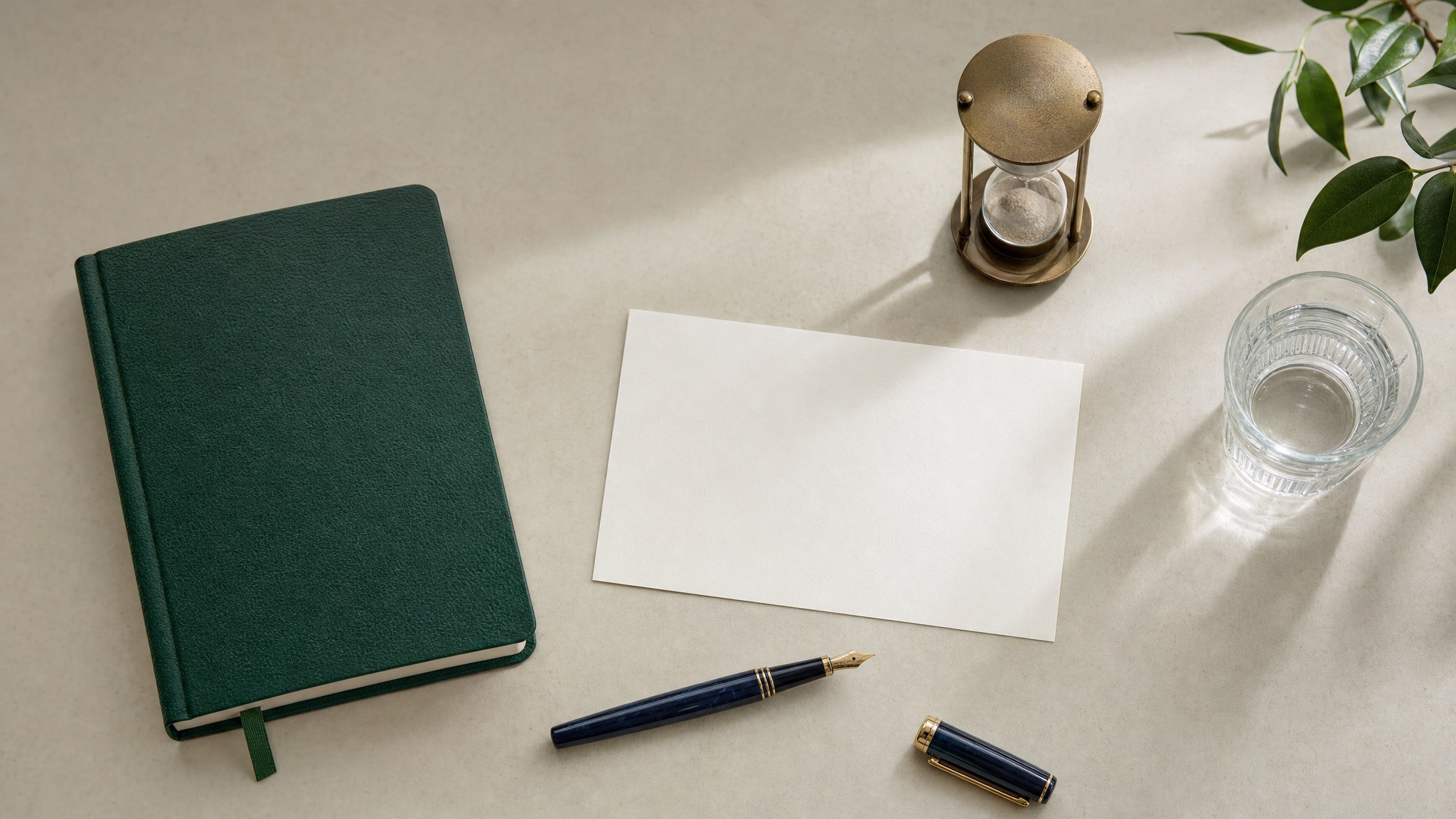 Notebook, blank card, fountain pen, and timer on a desk
