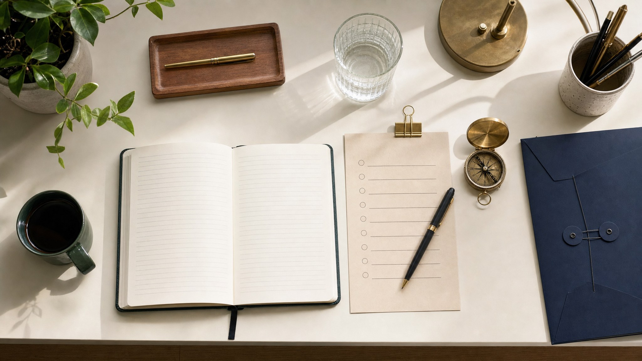 Notebook, planning checklist, compass, and navy folder arranged on a desk
