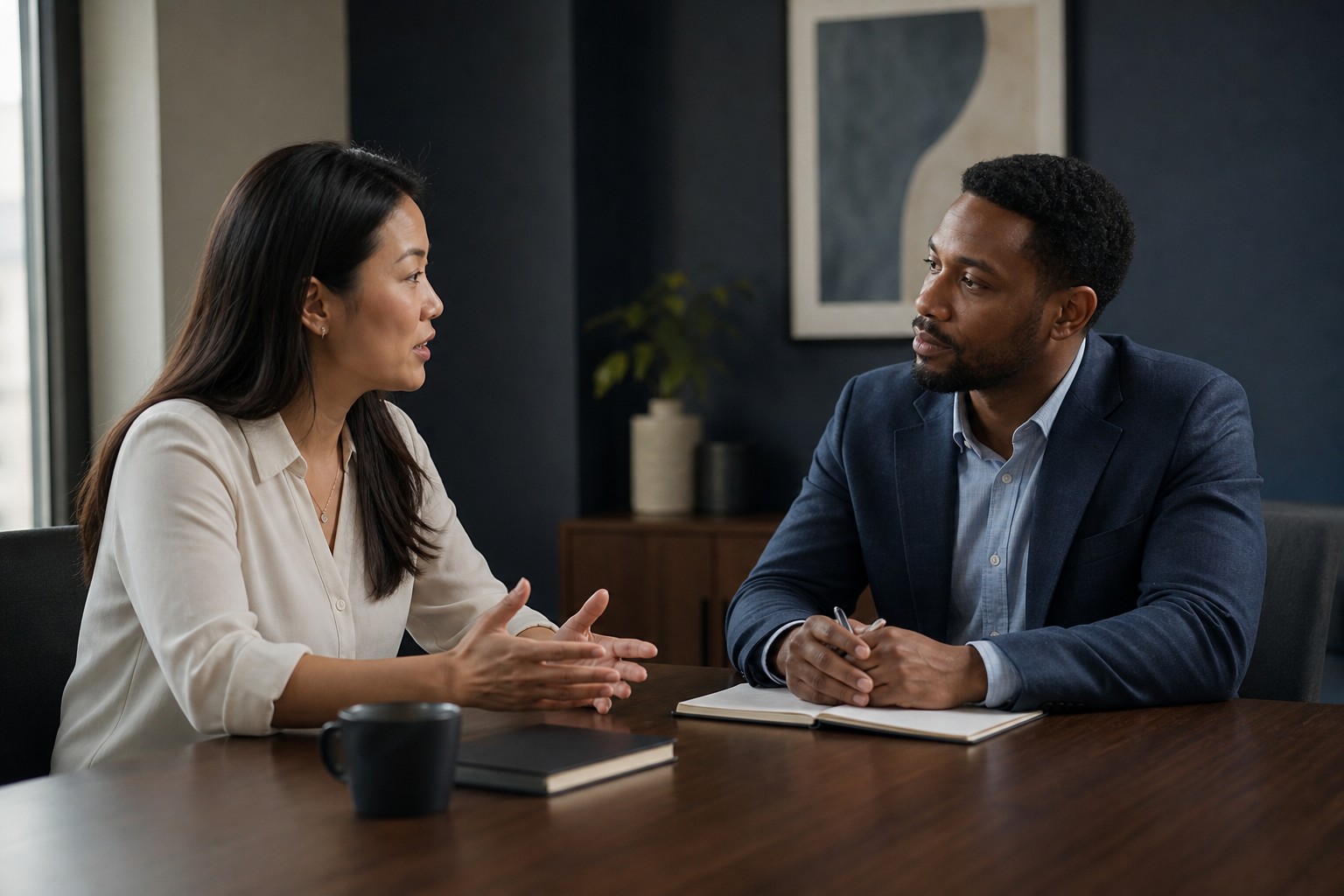 Two colleagues having a respectful constructive conversation at an office table