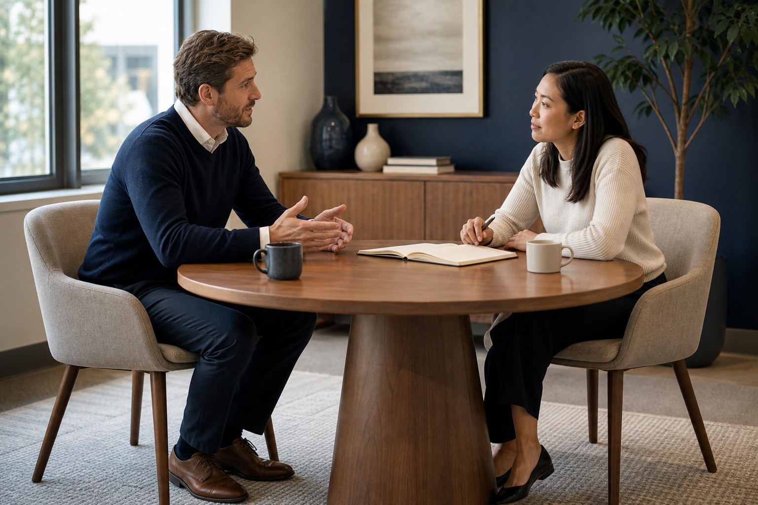 A manager and employee having a thoughtful conversation across a conference table