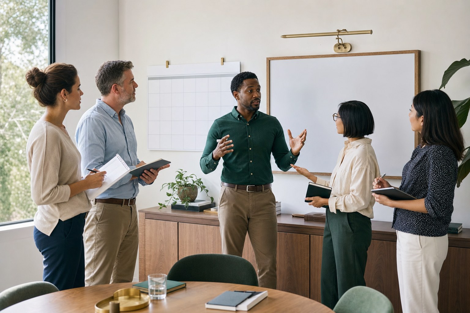 A manager explaining a new direction to a small team in an office