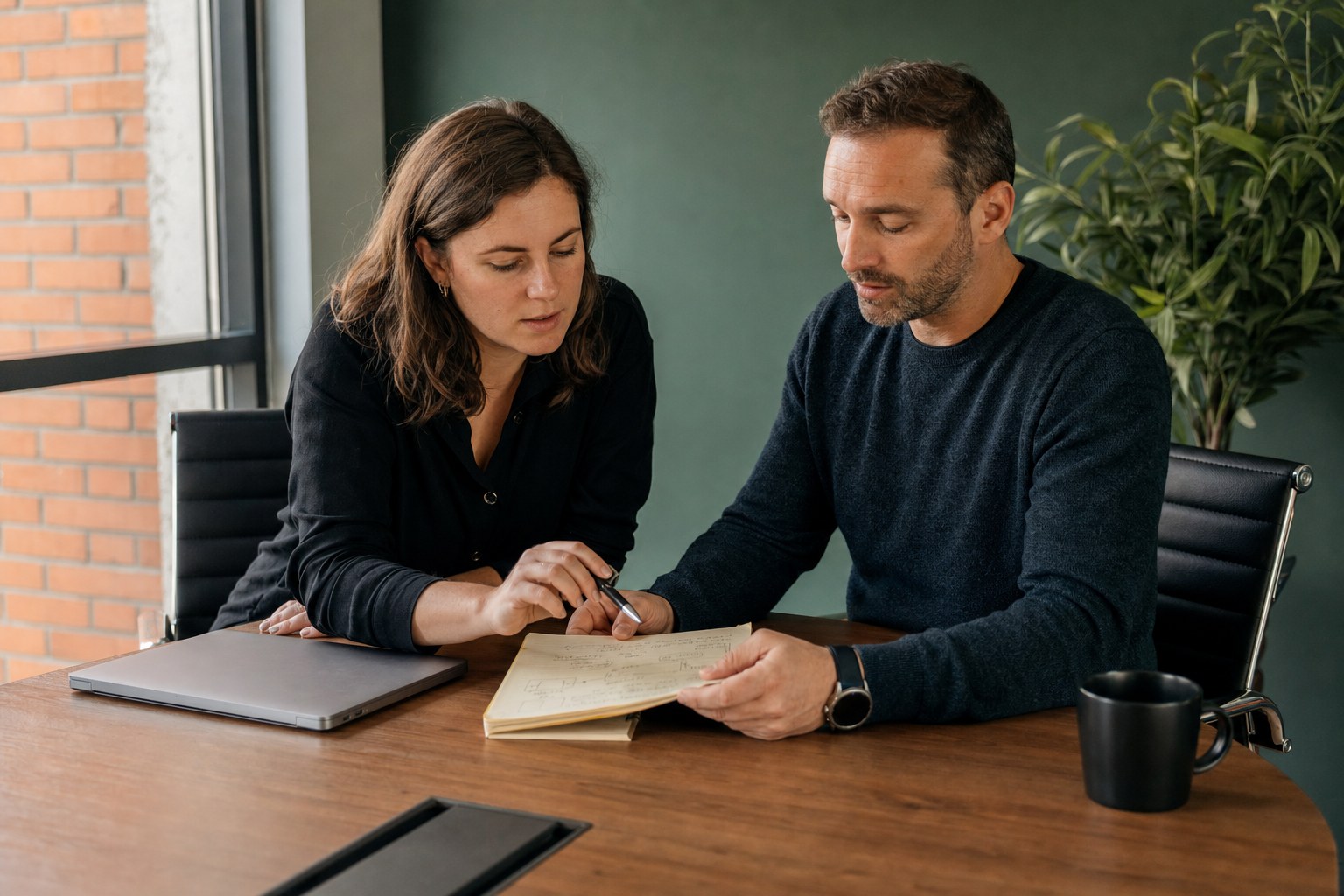 Two colleagues reviewing an action plan at a conference table