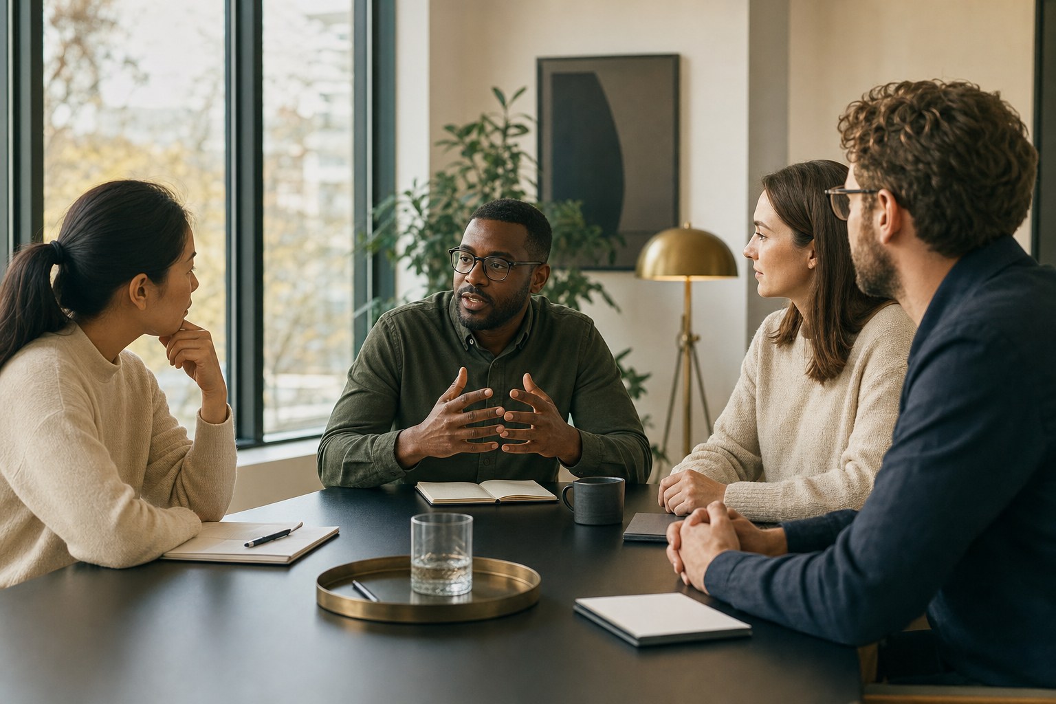 A manager leading a focused conversation with three colleagues around a meeting table