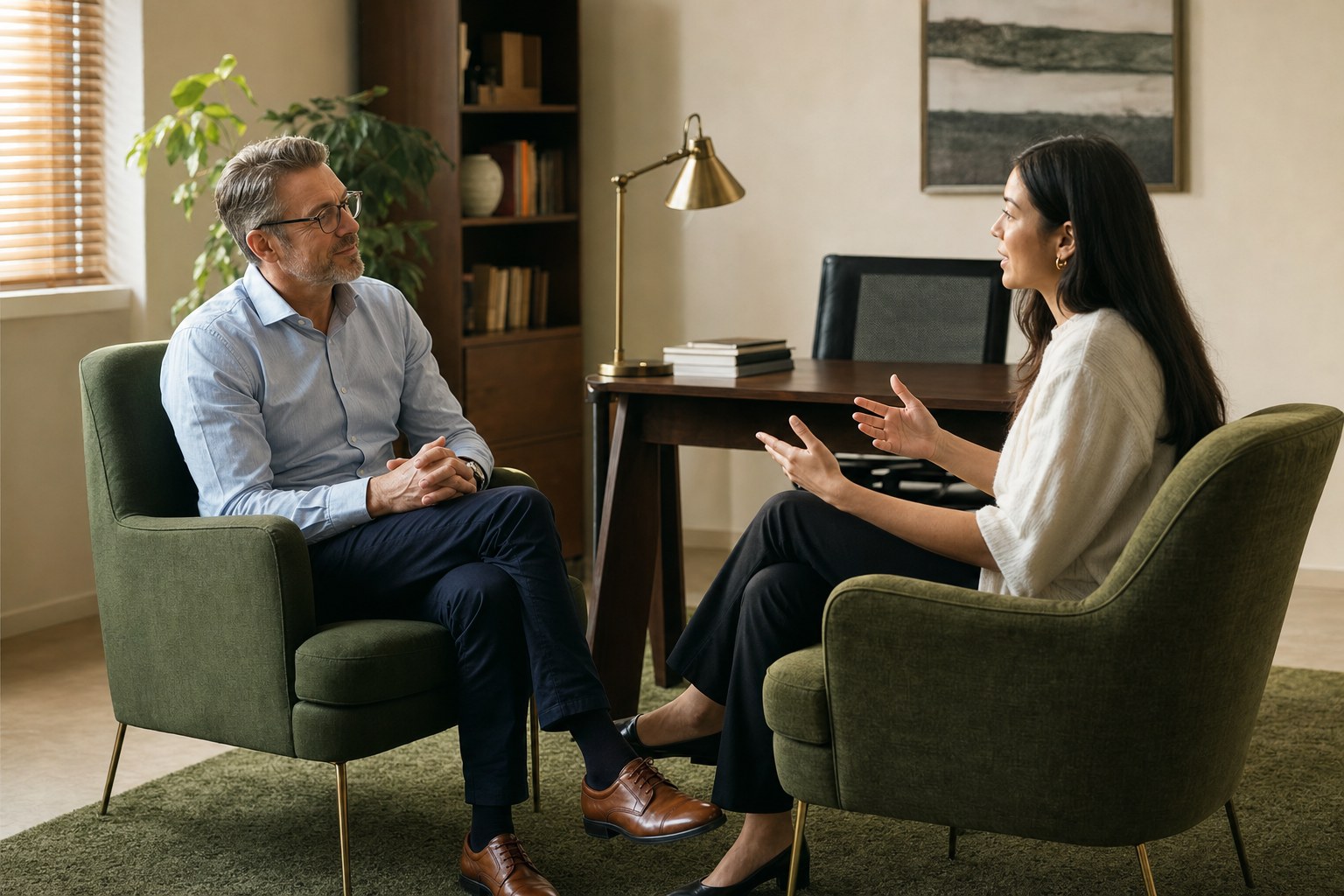 A manager listening to an employee during a one-to-one conversation
