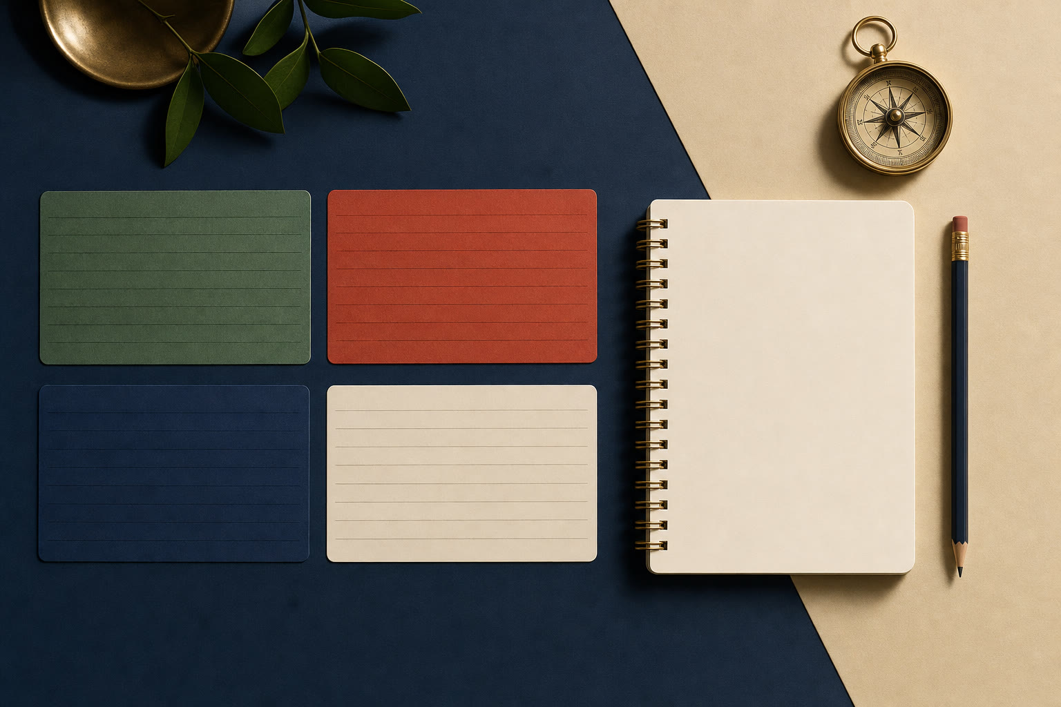 Four blank colored cards, a notebook, pencil, and brass compass arranged on a navy and cream desk