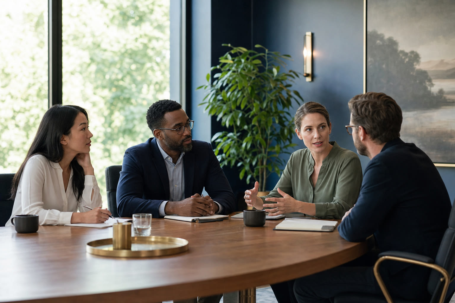 Four professionals having a focused conversation around a conference table