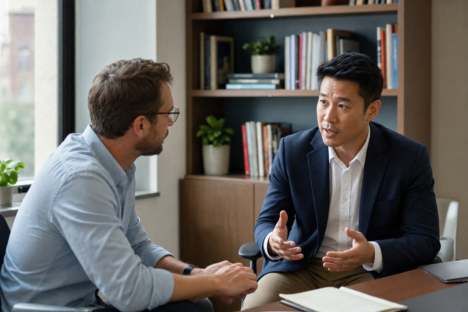 Two colleagues having an attentive one-to-one conversation in an office