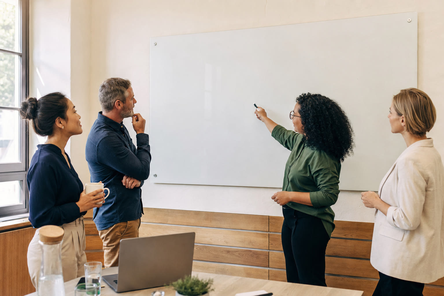 A small team considering next steps around a blank whiteboard