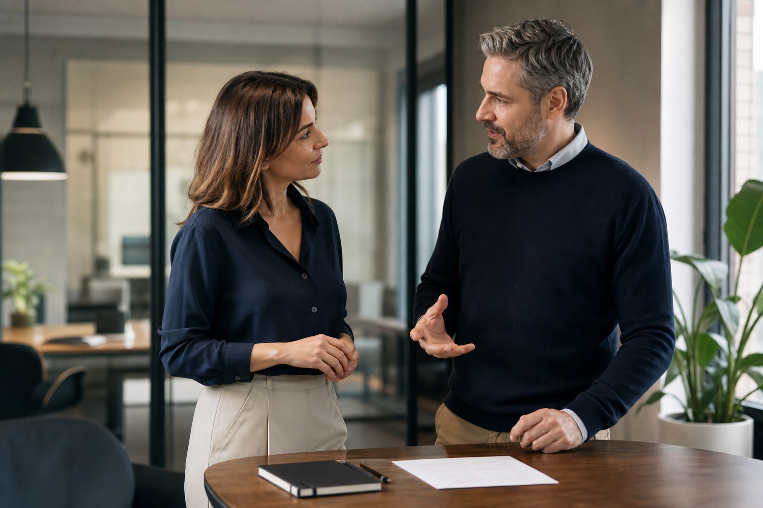 Two colleagues checking their shared understanding before a meeting