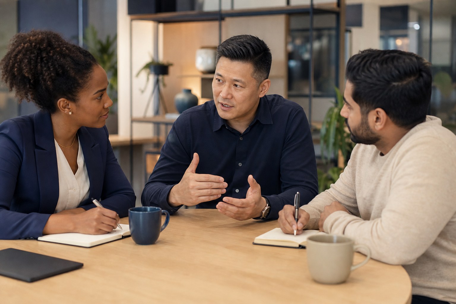 A manager helping two colleagues clarify a plan around a meeting table